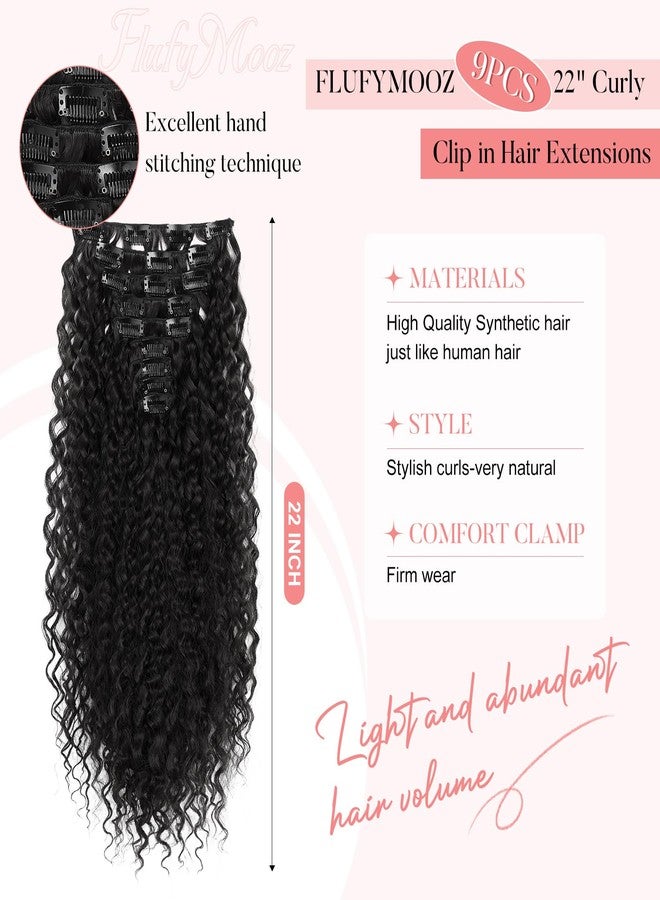 FLUFYMOOZ 9PCS Clip in Hair Extensions 22 Inch Curly Hair Extension Long Soft Synthetic Hairpieces for Women (Black) - Image 2